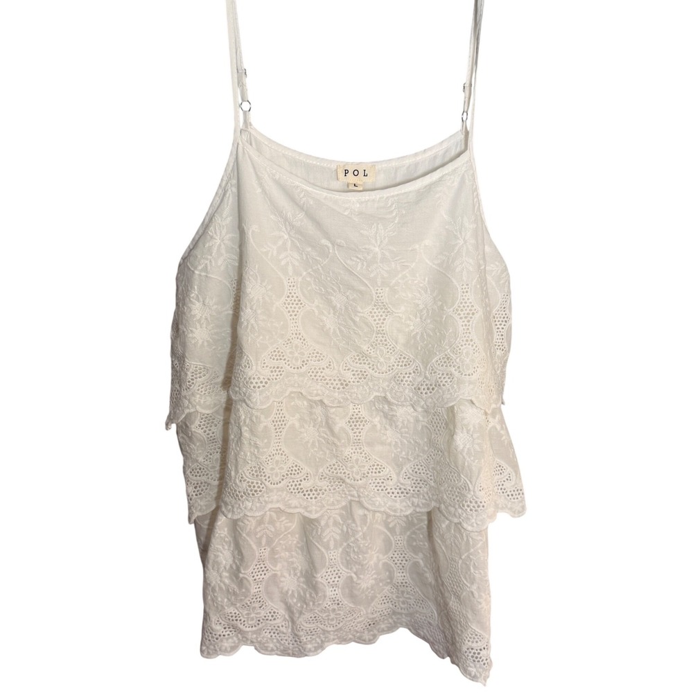 POL Eyelet Tiered Ruffle Cami Top Womens L White Boho Embroidered Festival